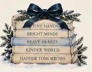 Watercolor painting of a stack of children's books tied with a navy bow