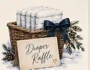 Watercolor painting of a basket of diapers with a navy bow