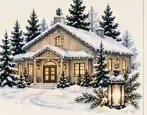Watercolor painting of a snow-covered house with evergreens and a lantern