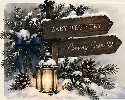 Watercolor of a snowy wooden signpost reading Baby Registry, with a lantern and pinecones