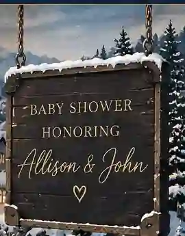 Hanging wooden sign reading Baby Shower honoring Allison and John